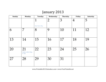 January 2013 Calendar Calendar