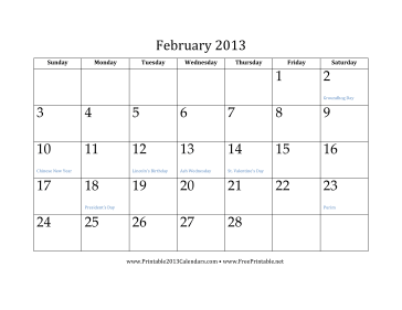 February 2013 Calendar Calendar