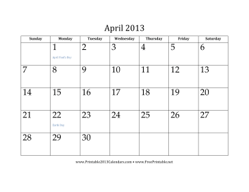 April 2013 Calendar Calendar