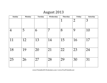 August 2013 Calendar Calendar