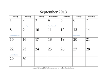September 2013 Calendar Calendar