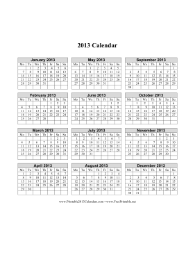 2013 Calendar on one page (vertical, week starts on Monday) Calendar