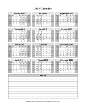 2013 Calendar on one page (vertical, shaded weekends, space for notes) Calendar