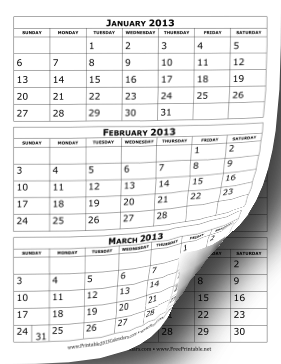 2013 Calendar Three Months per Page Calendar