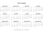 2013 Calendar on one page (horizontal, holidays in red) calendar