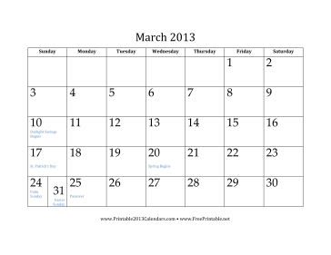 March 2013 Calendar Calendar