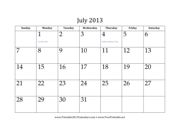 July 2013 Calendar Calendar