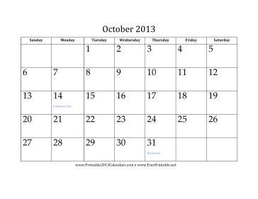 October 2013 Calendar Calendar