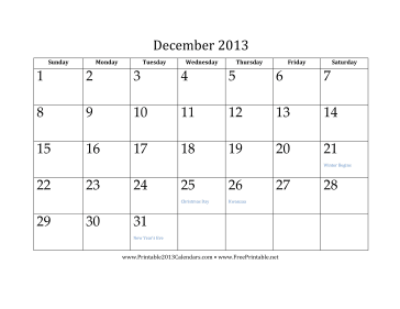 December 2013 Calendar Calendar