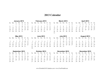 2013 Calendar on one page (horizontal) Calendar