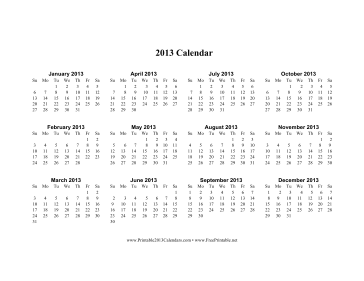 2013 Calendar (horizontal, descending) Calendar