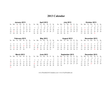 2013 Calendar (horizontal, descending, holidays in red) Calendar