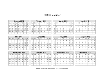 2013 Calendar on one page (horizontal grid) Calendar