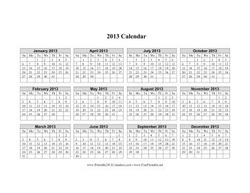 2013 Calendar (horizontal grid, descending) Calendar