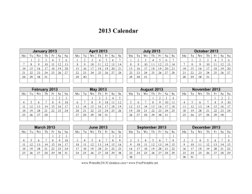 2013 Calendar on one page (horizontal, week starts on Monday) Calendar