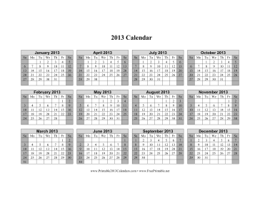 2013 Calendar on one page (horizontal, shaded weekends) Calendar