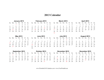 2013 Calendar on one page (horizontal, holidays in red) Calendar