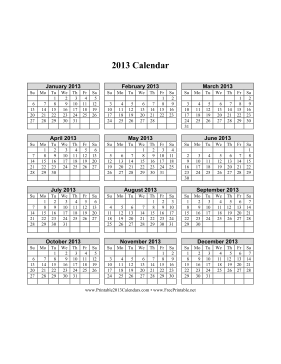 2013 Calendar on one page (vertical grid) Calendar