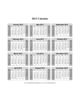 2013 Calendar on one page (vertical, shaded weekends) Calendar