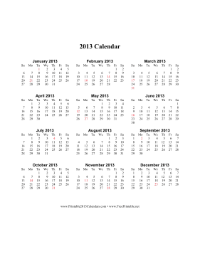 2013 Calendar on one page (vertical, holidays in red) Calendar