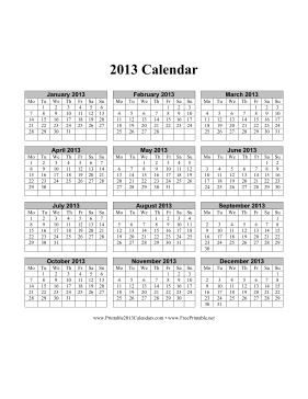 2013 Calendar on one page (vertical, week starts on Monday) Calendar