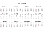 2013 Calendar (horizontal, descending, holidays in red) calendar