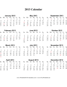 2013 Calendar (vertical, descending, holidays in red) calendar
