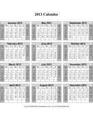 2013 Calendar on one page (vertical, shaded weekends) calendar
