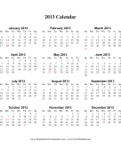 2013 Calendar on one page (vertical, holidays in red) calendar
